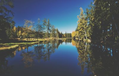 Scenic view of lake against clear blue sky