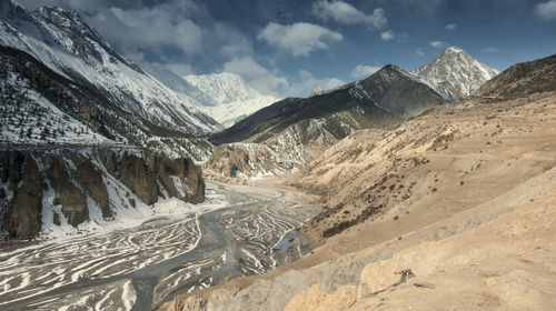 Scenic view of snowcapped mountains against sky