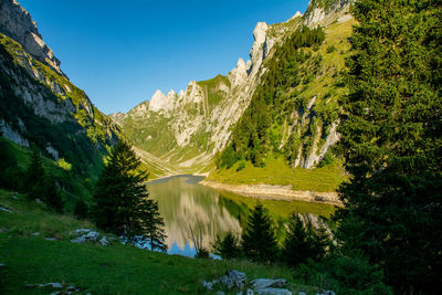 Scenic view of lake and mountains against sky