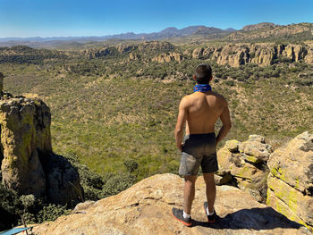 Rear view of man standing on rock