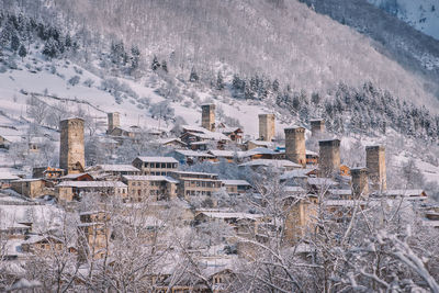 Aerial view of snow covered landscape