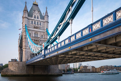 Bridge over river with city in background