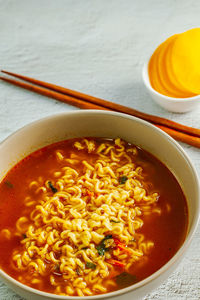 High angle view of soup in bowl