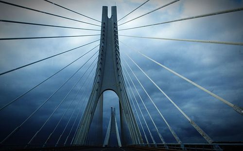 Low angle view of suspension bridge against sky