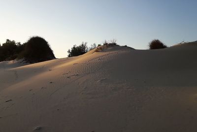 Sand dunes in desert against clear sky