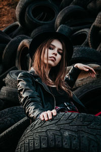 Portrait of young woman wearing hat