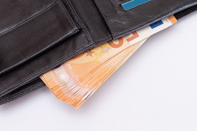High angle view of wallet on white background
