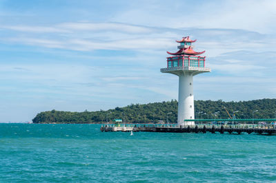 Lighthouse by sea against sky