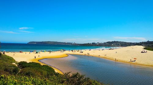Panoramic view of beach against clear blue sky