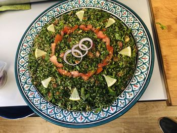 High angle view of food served on table