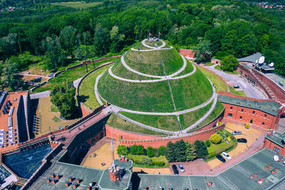 High angle view of soccer field