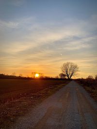 Road by bare trees on field against sky at sunset