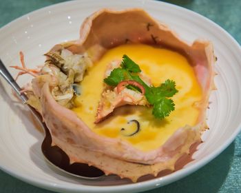 High angle view of breakfast served in plate