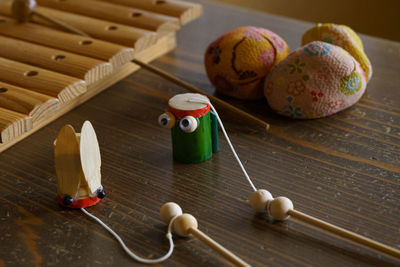 High angle view of eggs on table