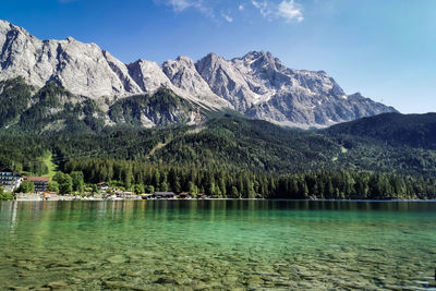 Scenic view of lake by mountains against sky