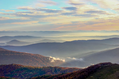 Scenic view of mountains against sky during sunset