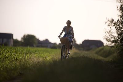 Rear view of man riding bicycle on field