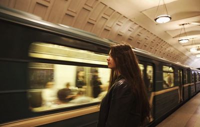 Blurred motion of train at subway station