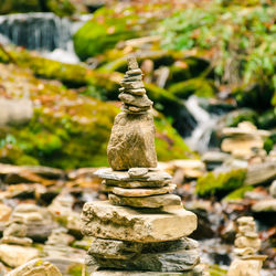 Close-up of stone stack on rock