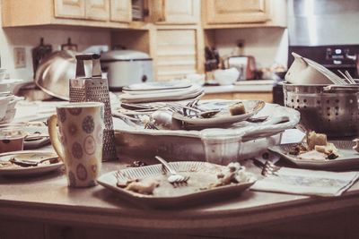 Close-up of breakfast on table at home