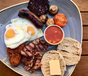 High angle view of breakfast served on table