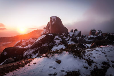 Scenic view of snowcapped mountain against sky during sunset
