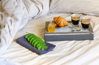 High angle view of breakfast on table