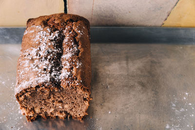 High angle view of chocolate cake in baking tray