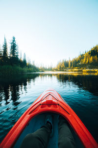 Low section of person by lake against clear sky