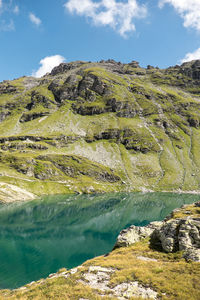 Scenic view of lake against cloudy sky