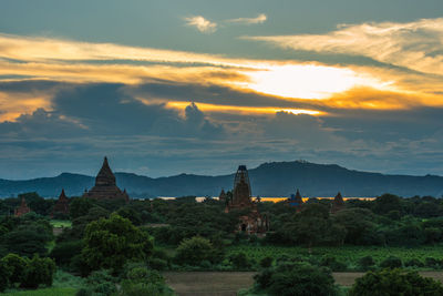 View of temples at sunset