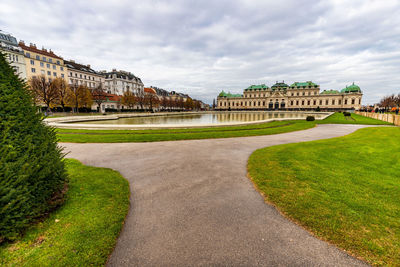 Cityscape with schloss belvedere in vienna. belvedere castle and its christmas market.