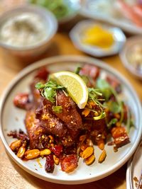 High angle view of food in plate on table