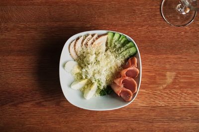 High angle view of breakfast served on table