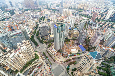 High angle view of modern buildings in city