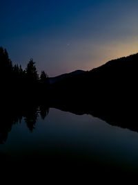 Reflection of silhouette trees in calm lake