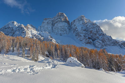 Unrecognizable child on top of a boulder covered in snow in a winter environment, dolomites, italy