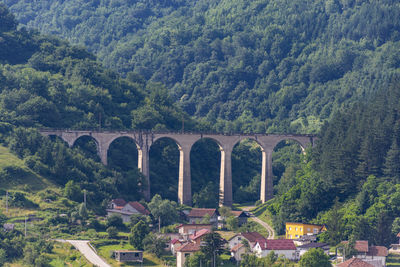 Arch bridge amidst trees against mountains