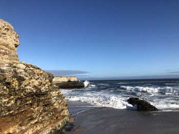Scenic view of sea against clear blue sky