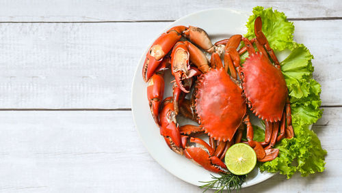High angle view of seafood in plate on table