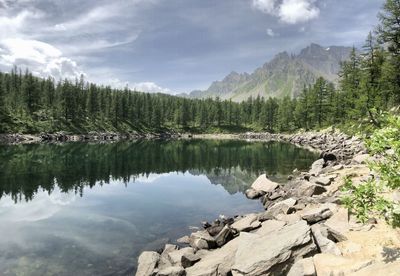 Scenic view of lake and mountains against sky