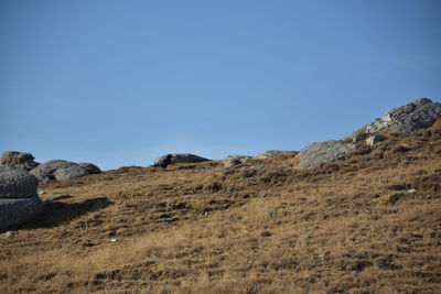 Scenic view of landscape against clear blue sky