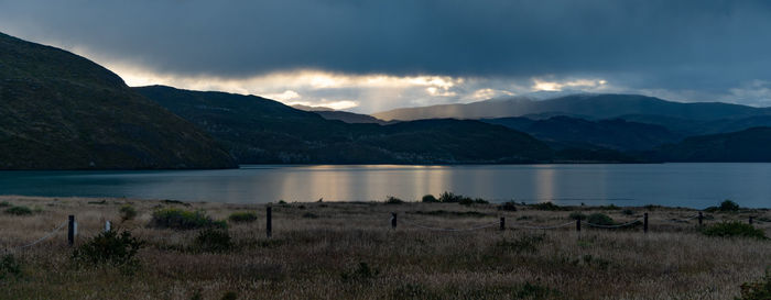 Scenic view of lake and mountains against sky