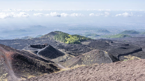 A silvestre crater of the etna volcano with the plain of catania in the background