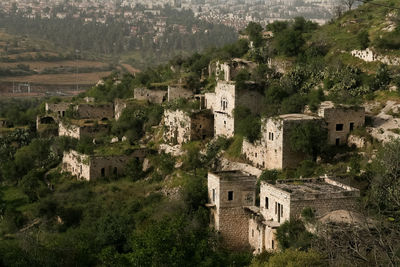 High angle view of old buildings and landscape