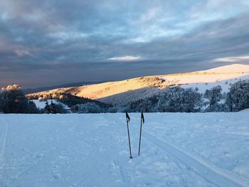 Trekking poles on the snow surrounded by snowcapped mountains