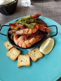 High angle view of seafood in plate on table