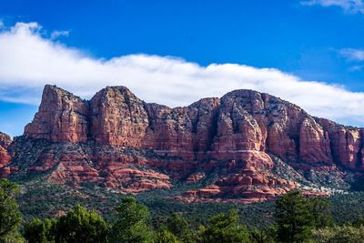 Rock formations at mountain against cloudy sky