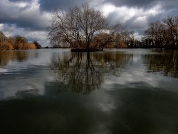 Scenic view of lake against cloudy sky