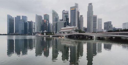 Reflection of buildings in river against sky